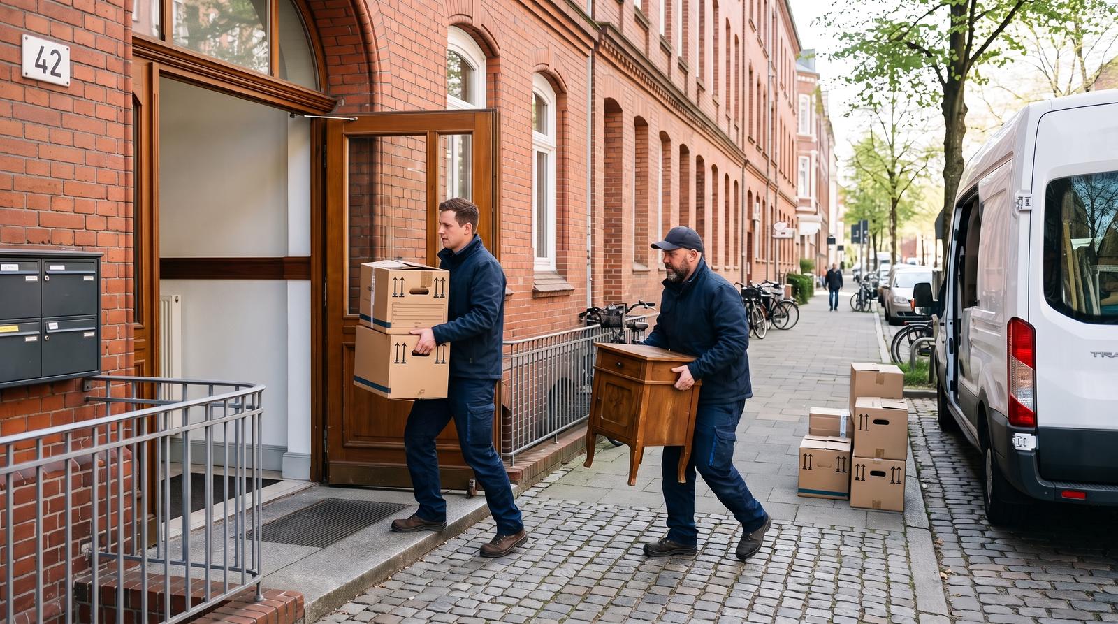Zwei Mitarbeiter tragen Kartons und Möbel bei einer Wohnungsauflösung in Lüneburg zum Transporter