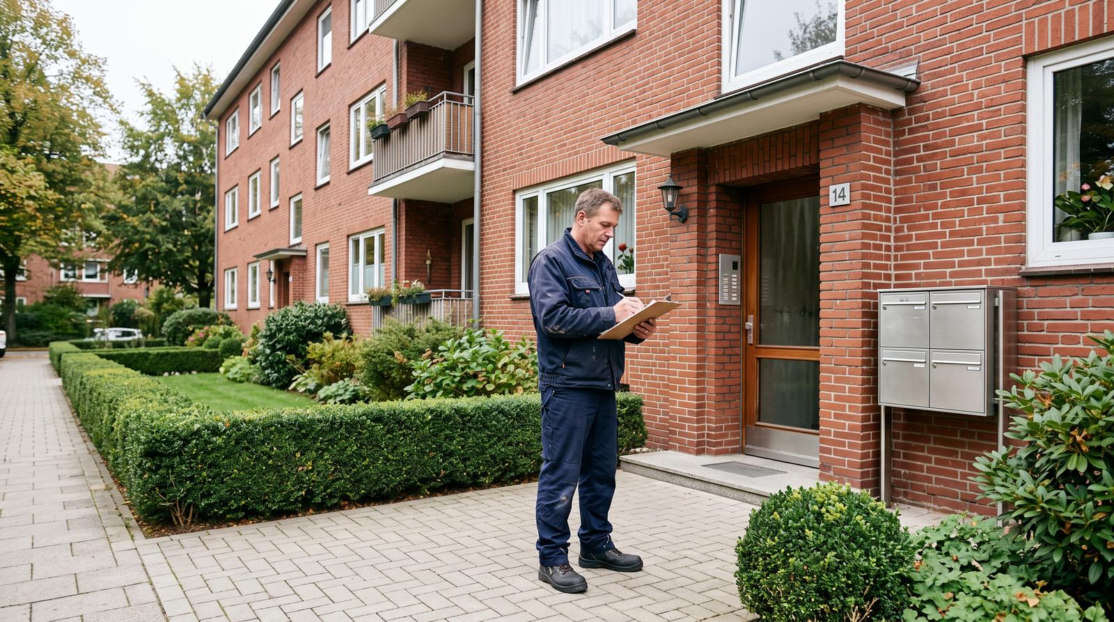 Hausmeister von Objektretter bei der Objektkontrolle an einem Mehrfamilienhaus in Lüneburg